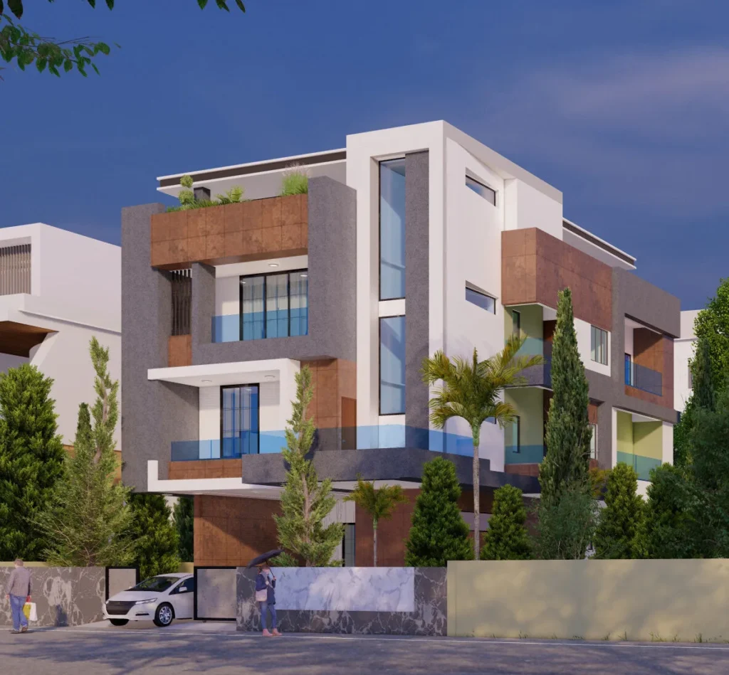Front view of modern residential building in Assam by BrikMyHome